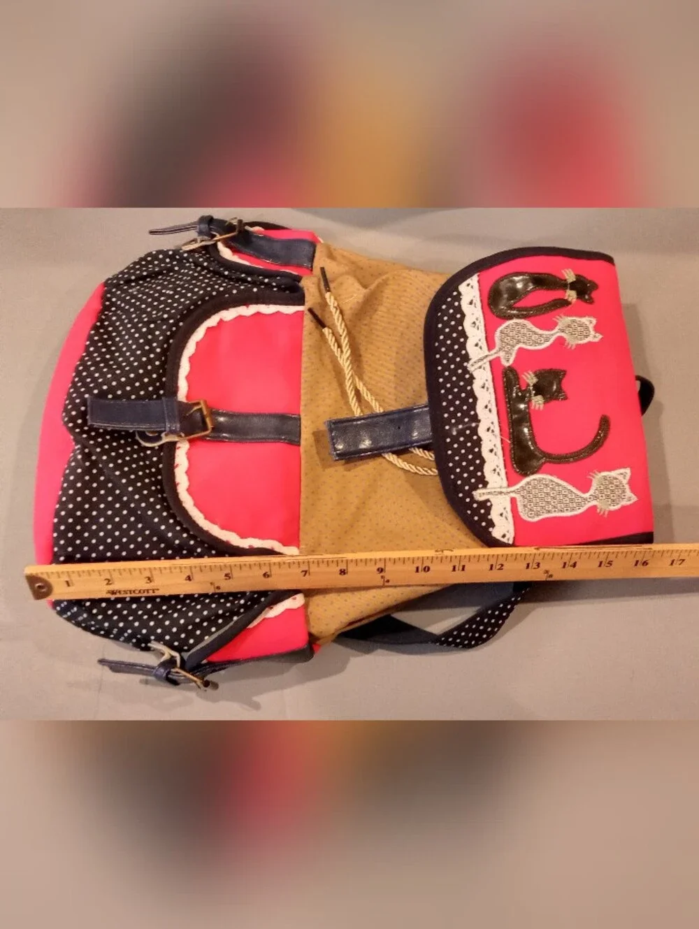 Pink and Navy Cat Appliqué Women's Large Backpack